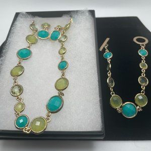 Gold turquoise and olive stones. Princess necklace, bracelet, and earrings NWT